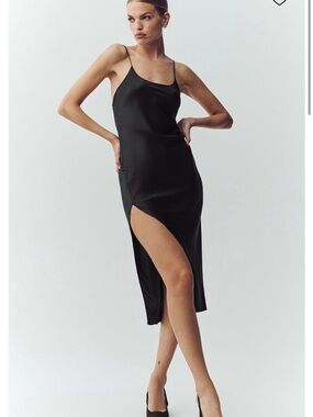 ALO Yoga Black Satin Slip Maxi Dress with High Side Slit